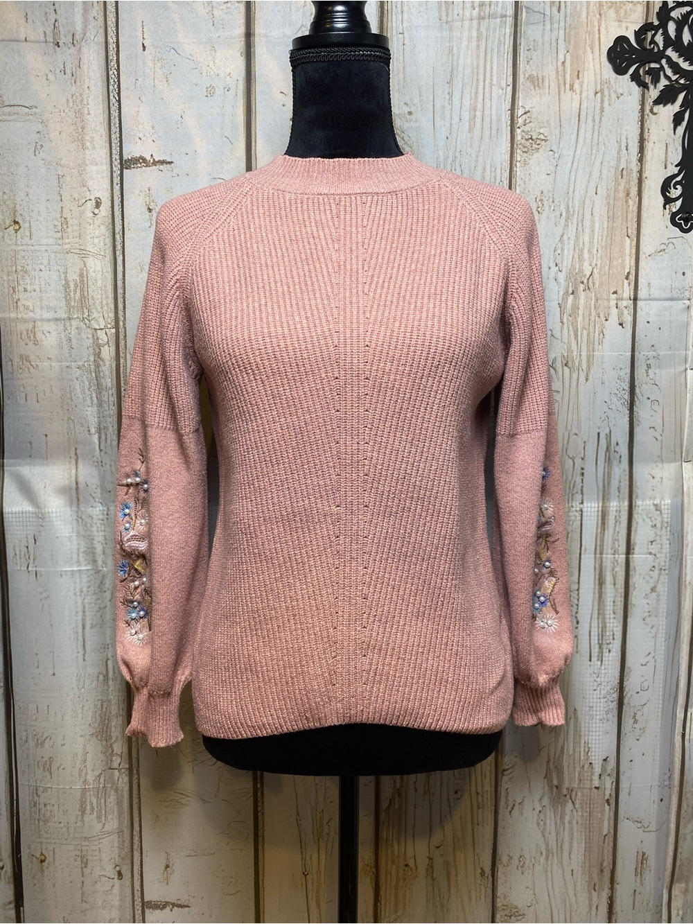 SHEIN Dusty Pink Crewneck Sweater with Embroidered Sleeves Sz-S